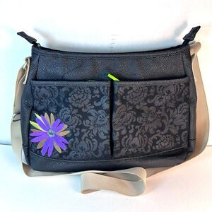 Haiku Women's Black Pebble Floral Faux Leather Purple Flower Accent Shoulder Bag